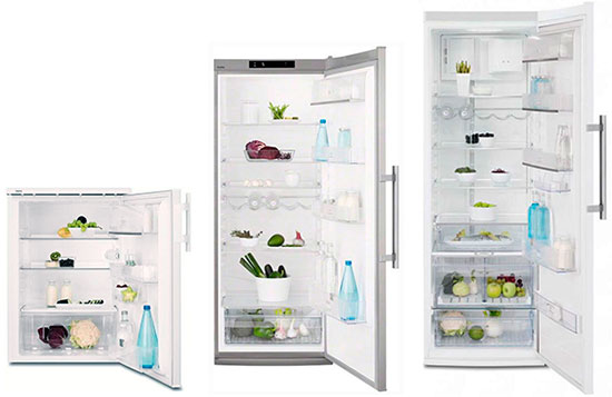 Однокамерные холодильники Electrolux ERT1606AOW (высота - 85 см), Electrolux ERF3301AOX (высота 154.4 см) и Electrolux ERF4161AOW (высота 189.5 см)